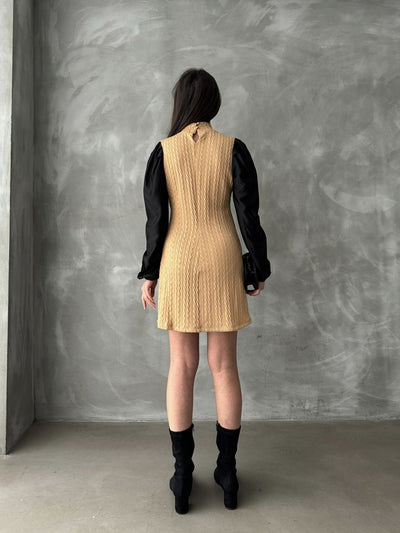 Leather Sleeves Turtleneck Knee-Length Wholesale Dress - Camel