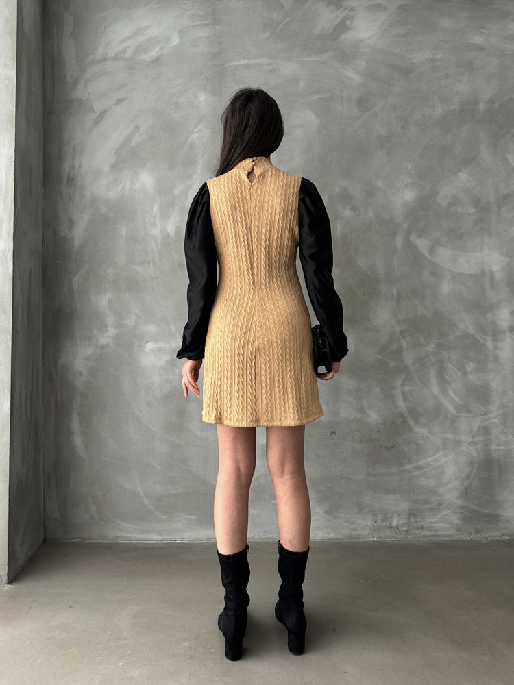 Leather Sleeves Turtleneck Knee-Length Wholesale Dress - Camel