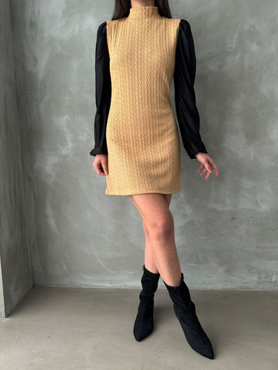 Leather Sleeves Turtleneck Knee-Length Wholesale Dress - Camel