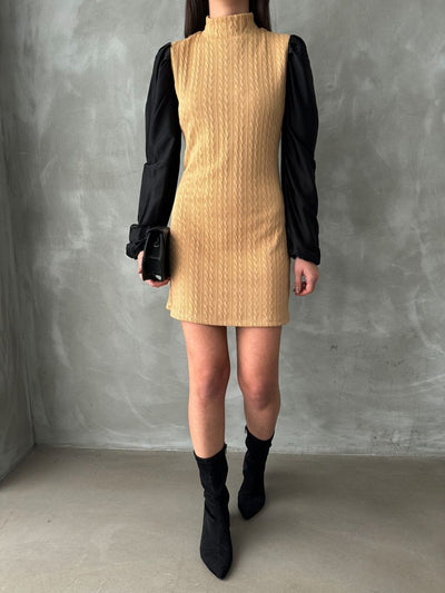 Leather Sleeves Turtleneck Knee-Length Wholesale Dress - Camel