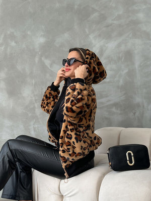 Bakılı Peluj Toptan Mont - Camel Leopar