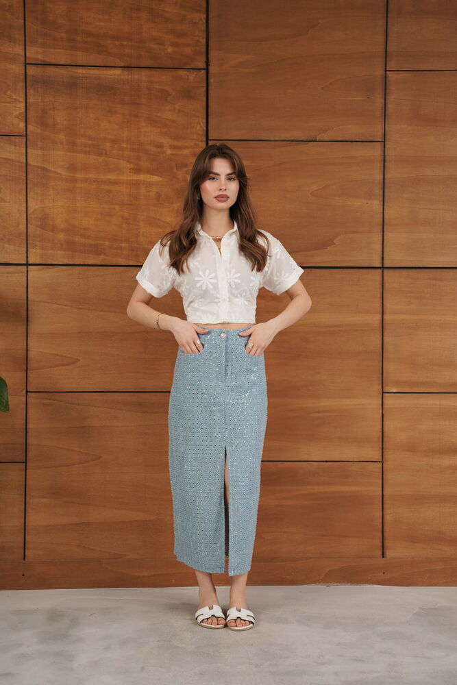 TOPSHOW Pattern 1 Blue Sequin Denim Wholesale Skirt | F1707