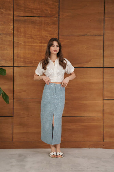 TOPSHOW Pattern 1 Blue Sequin Denim Wholesale Skirt | F1707