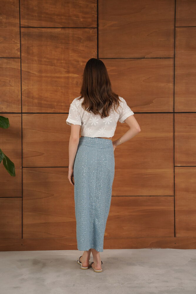 TOPSHOW Pattern 1 Blue Sequin Denim Wholesale Skirt | F1707