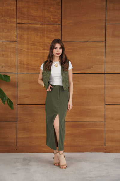 Topshow Ribbed Velvet Wholesale Skirt - Khaki | F2033
