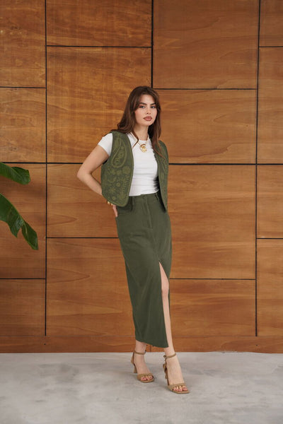 Topshow Ribbed Velvet Wholesale Skirt - Khaki | F2033