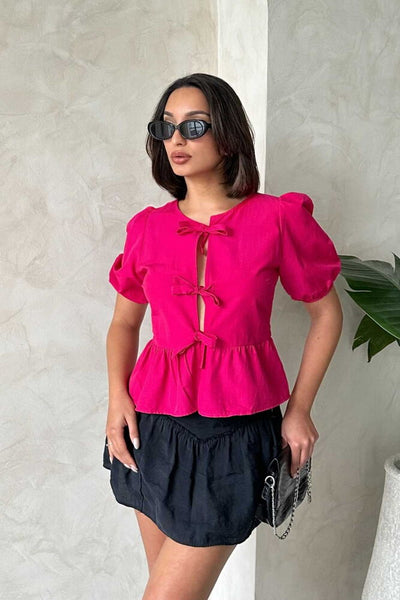 Topshow Fuchsia Front-Tie Poplin Wholesale Blouse