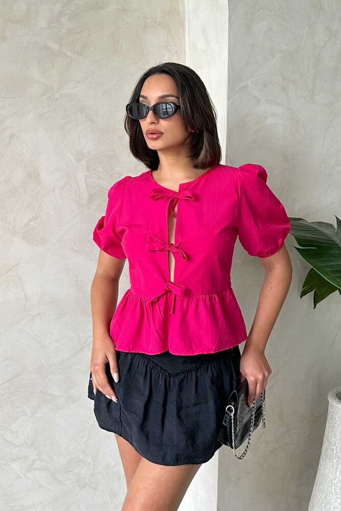 Topshow Fuchsia Front-Tie Poplin Wholesale Blouse