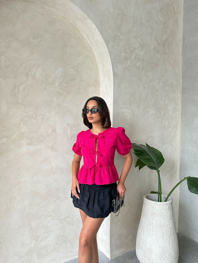 Topshow Fuchsia Front-Tie Poplin Wholesale Blouse