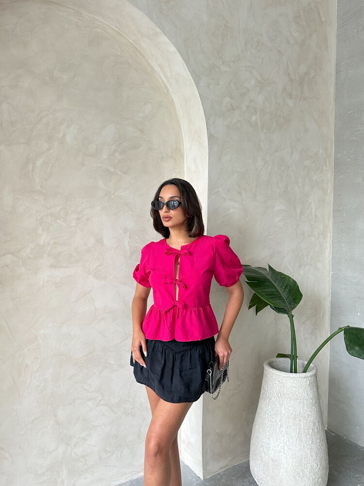 Topshow Fuchsia Front-Tie Poplin Wholesale Blouse