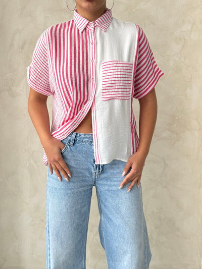 Topshow Fuchsia Paneled Striped Wholesale Shirt
