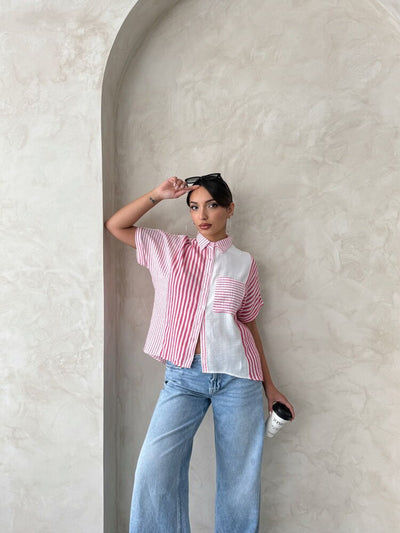 Topshow Fuchsia Paneled Striped Wholesale Shirt