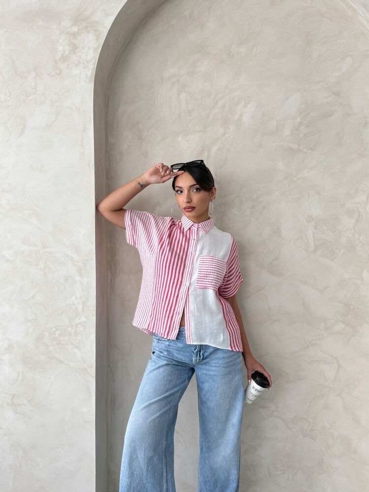 Topshow Fuchsia Paneled Striped Wholesale Shirt