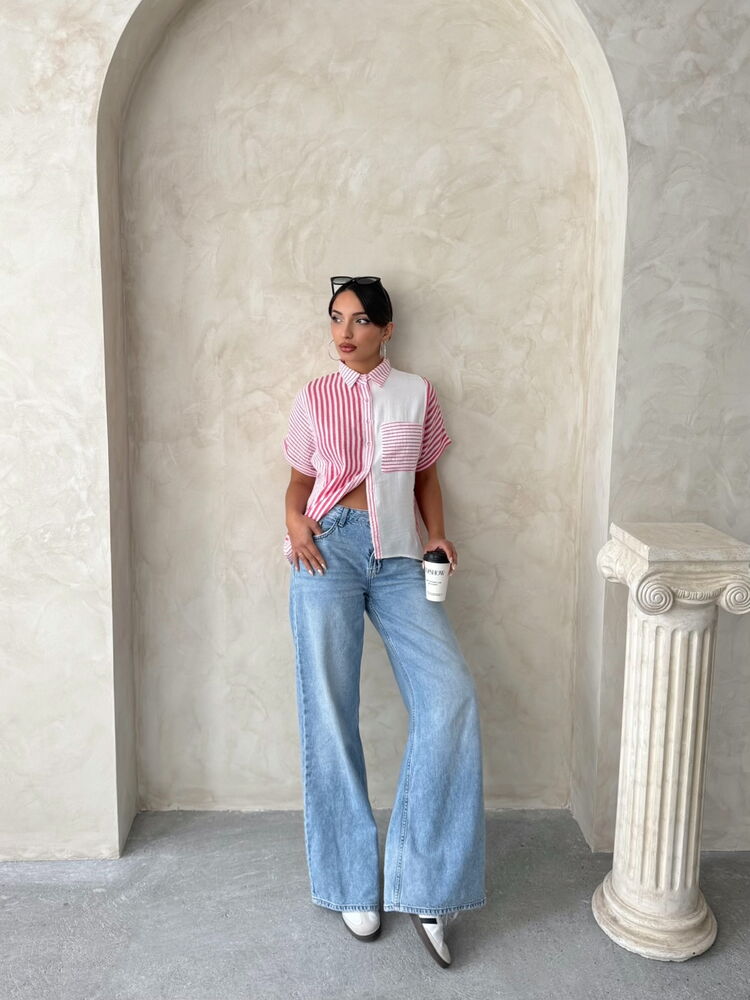 Topshow Fuchsia Paneled Striped Wholesale Shirt