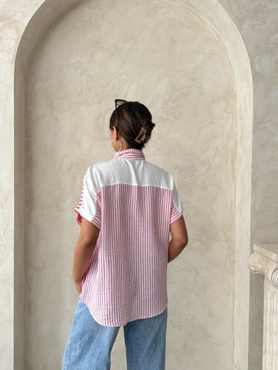 Topshow Fuchsia Paneled Striped Wholesale Shirt
