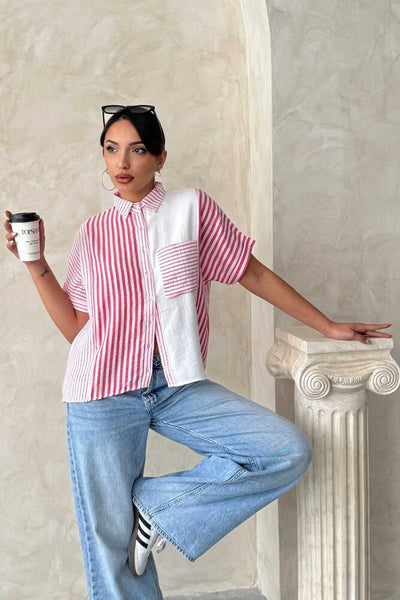 Topshow Fuchsia Paneled Striped Wholesale Shirt
