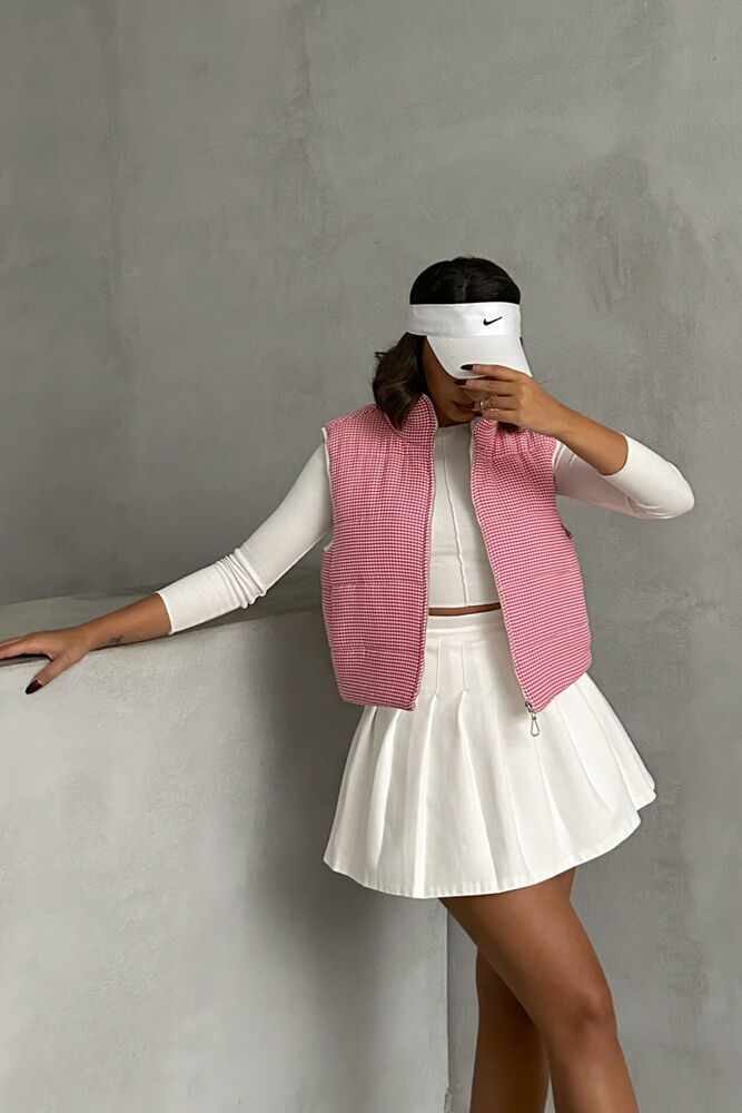 Vestă gonflabilă en-gros cu model Gingham, umplută cu fibre - Fuchsia