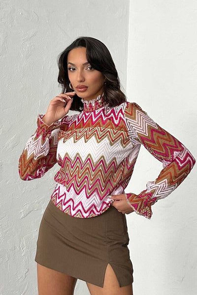 Topshow Fuchsia Zigzag Pattern Wholesale Blouse