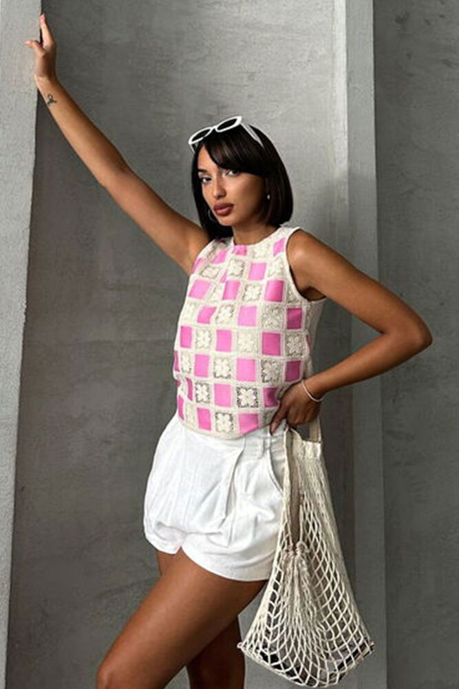 Topshow Raw Pink Sleeveless Checkerboard Crochet Wholesale Blouse