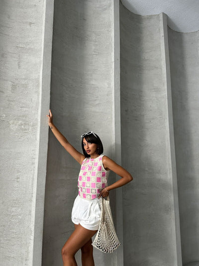 Topshow Raw Pink Sleeveless Checkerboard Crochet Wholesale Blouse