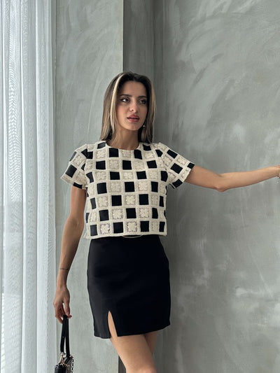 Topshow Raw Black Short Sleeve Checkered Crocheted Wholesale Blouse