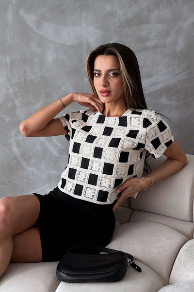 Topshow Raw Black Short Sleeve Checkered Crocheted Wholesale Blouse