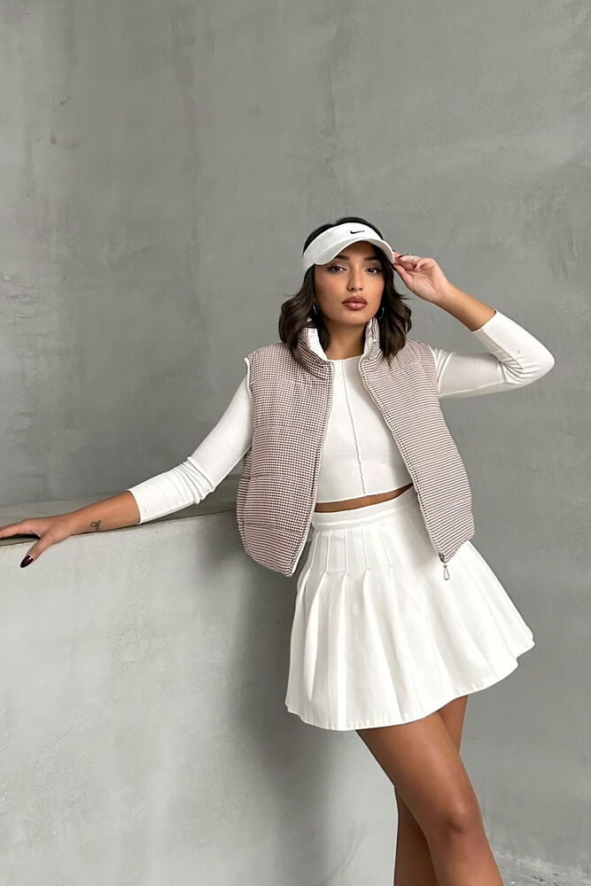 Vestă gonflabilă cu model Gingham, umplută cu fibre, en-gros - Cafea