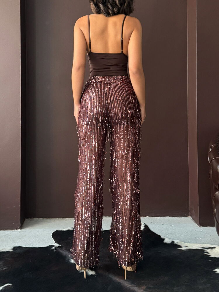 Pantaloni en-gros din tul cu paiete Topshow Coffee