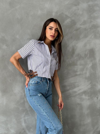 Topshow Karışık Kemer Detaylı Çizgili Toptan Gömlek