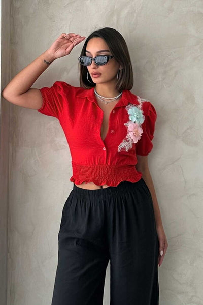 Cămăși Topshow Red Chest Floral Linen en-gros