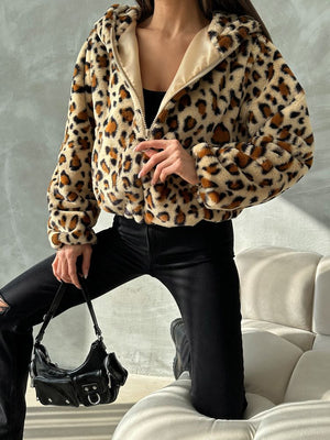 Leopar Bakılı Peluj Toptan Mont - Koyu Taş Leopar