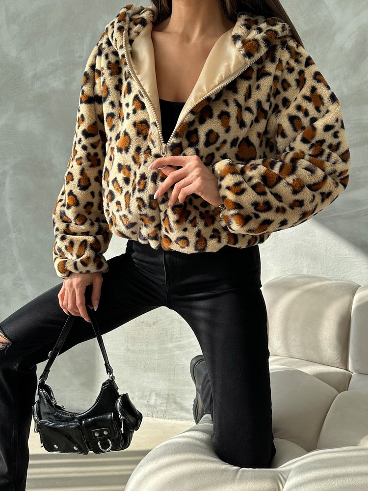 Leopar Bakılı Peluj Toptan Mont - Koyu Taş Leopar