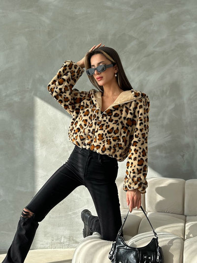Leopar Bakılı Peluj Toptan Mont - Koyu Taş Leopar