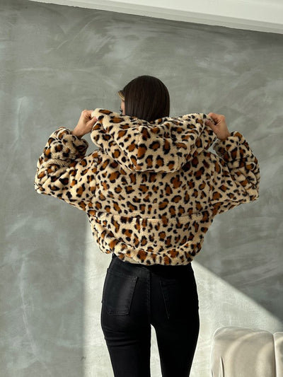 Leopar Bakılı Peluj Toptan Mont - Koyu Taş Leopar