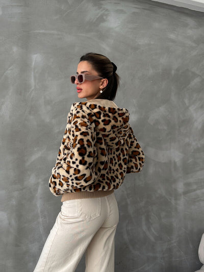 Leopard-Patterned Peluş Wholesale Coat - Dark Stone Leopard
