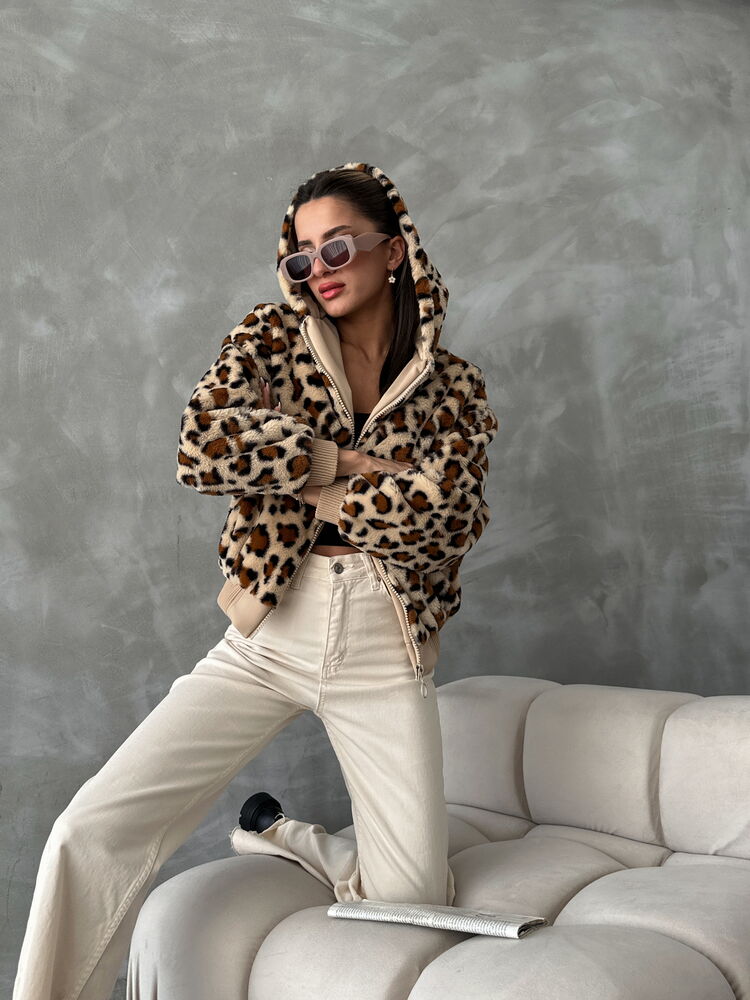 Leopard-Patterned Peluş Wholesale Coat - Dark Stone Leopard