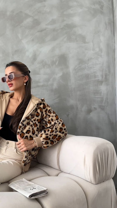 Leopard-Patterned Peluş Wholesale Coat - Dark Stone Leopard