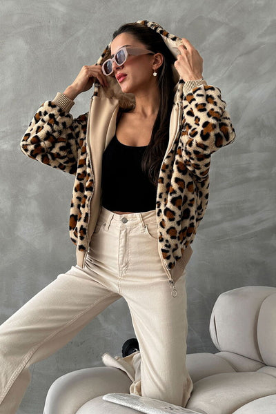 Leopard-Patterned Peluş Wholesale Coat - Dark Stone Leopard