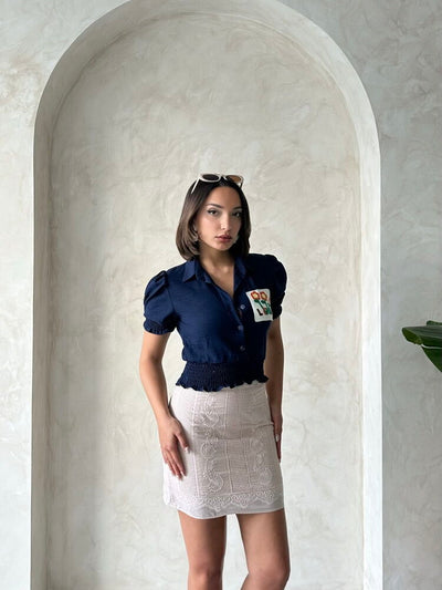 Topshow Navy Blue Patch Embroidered Wholesale Shirt