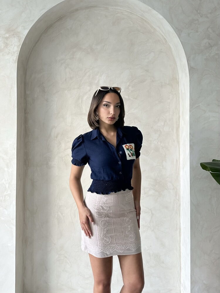 Topshow Navy Blue Patch Embroidered Wholesale Shirt