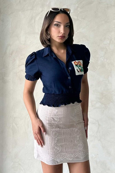 Topshow Navy Blue Patch Embroidered Wholesale Shirt