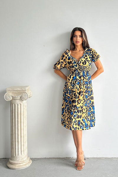 Topshow Leopar Saks Desenli Uzun Toptan Elbise
