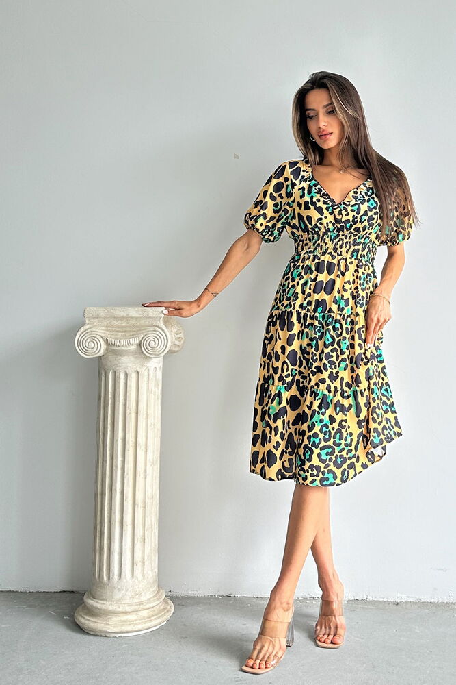 Topshow Leopar Zümrüt Desenli Uzun Toptan Elbise