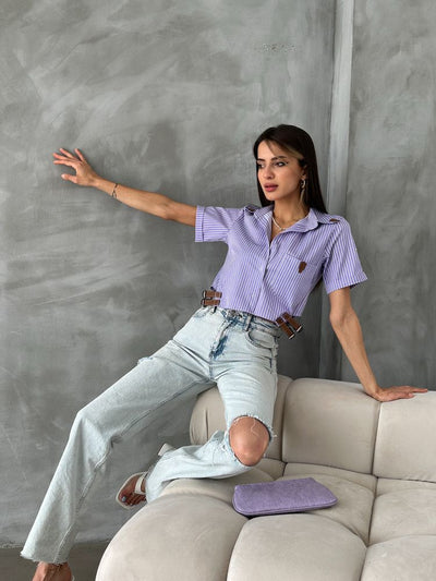 Topshow Lila Çizgili Kemer Detaylı Çizgili Toptan Gömlek