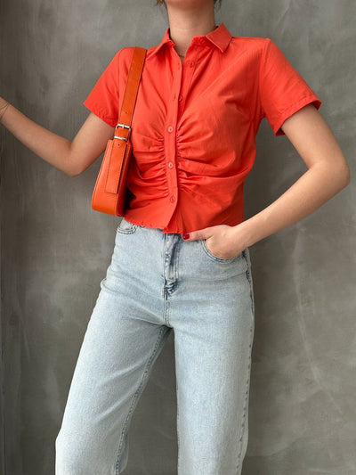 Topshow Orange Gipeli Ruched Front Wholesale Blouse