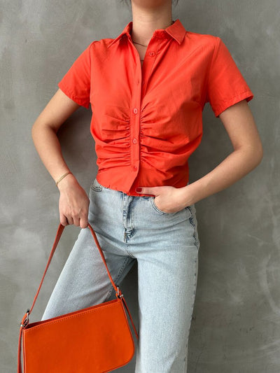 Topshow Orange Gipeli Ruched Front Wholesale Blouse