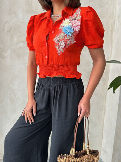 Cămăși en-gros cu imprimeu floral Orange Chest din in Topshow