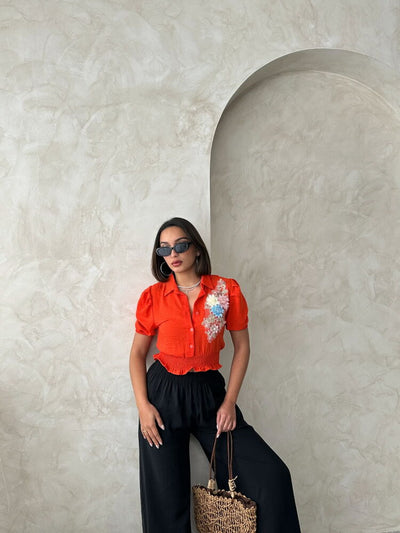 Cămăși en-gros cu imprimeu floral Orange Chest din in Topshow