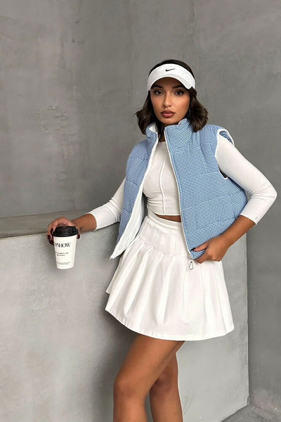 Vestă gonflabilă cu model Gingham, umplută cu fibre, en-gros - Albastru marin