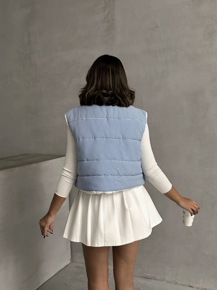Vestă gonflabilă cu model Gingham, umplută cu fibre, en-gros - Albastru marin